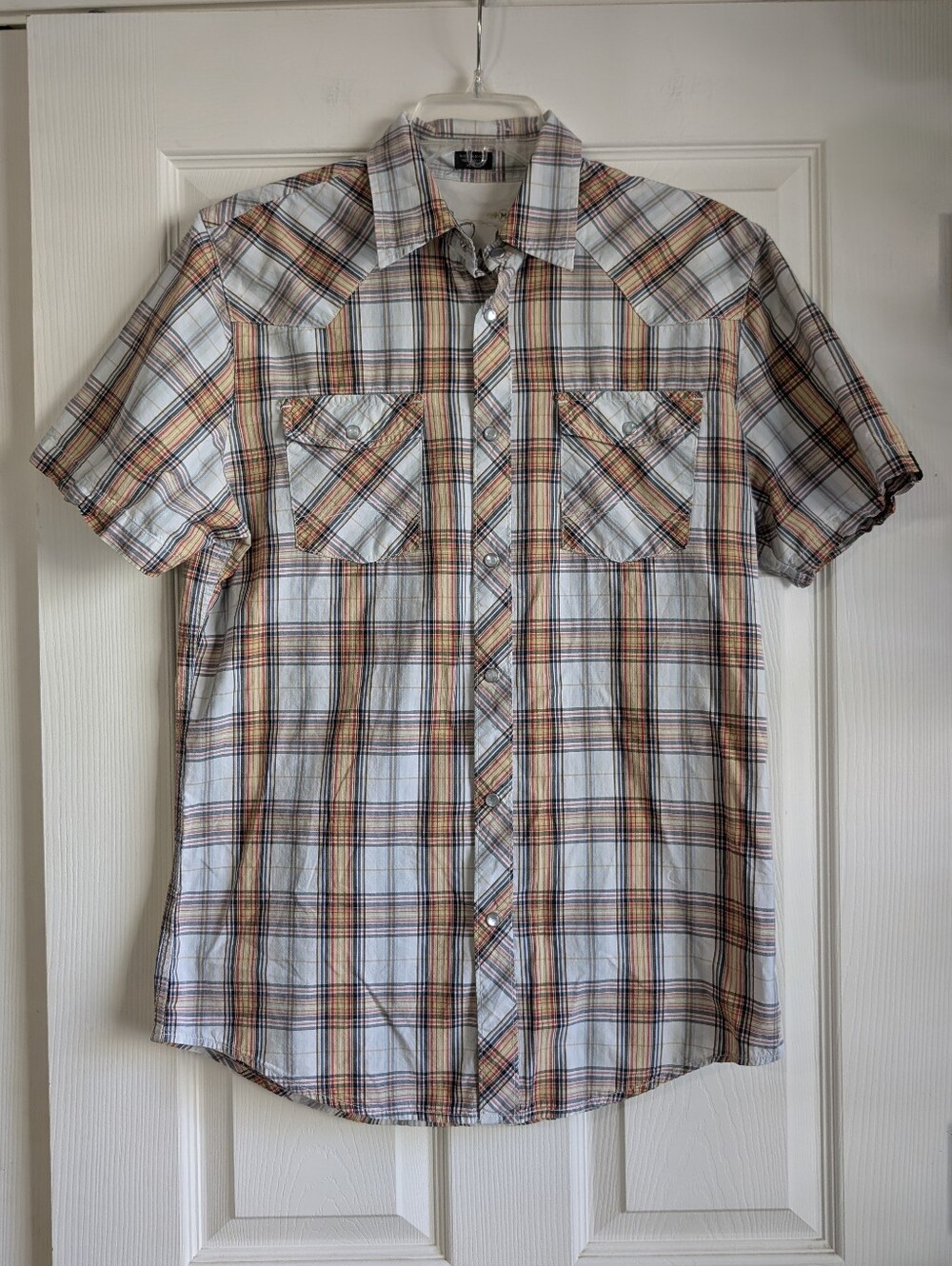 Bullhead Men's Short-Sleeve Western Plaid Pearl Snap Shirt Size M